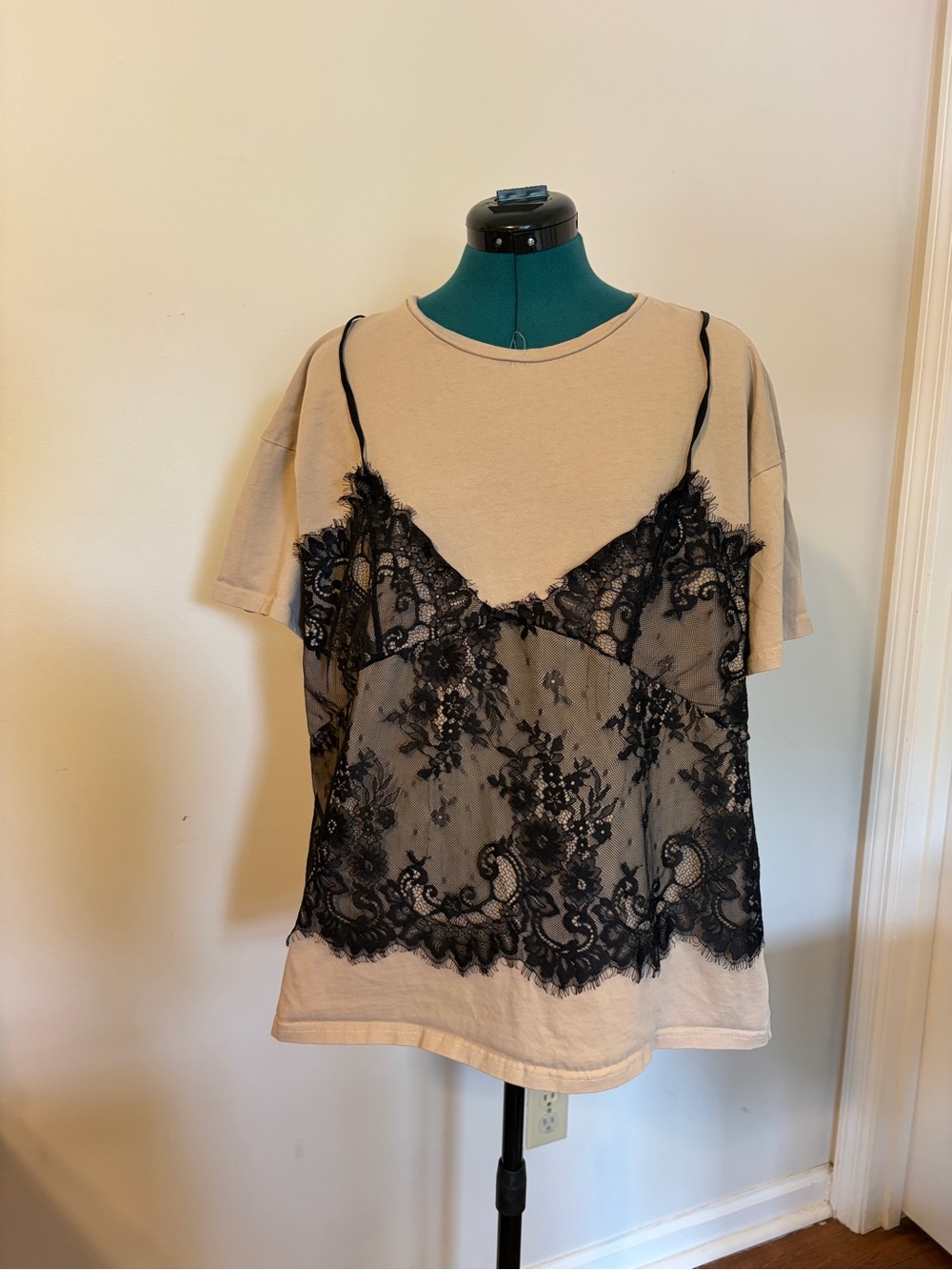 Beige Tee with Front Black Lace Camisole Overlay